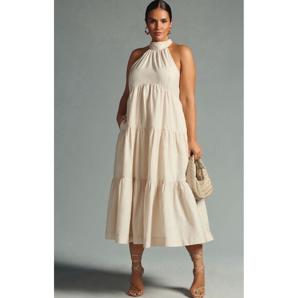 Anthropologie Maeve Midi Dress Women Halter Tired Preppy Cotton Flowy Sz 14 New - Picture 1 of 12